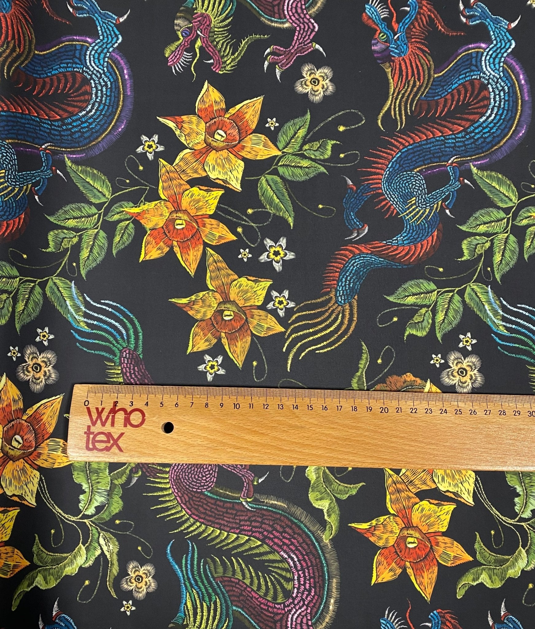 Dragon & Floral Print Crepe Fabric by the Metre – Bold Design - Whotex Fabrics London