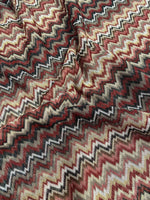 Earth tone zigzag woven mesh fabric in green and brown shades with textured knit pattern