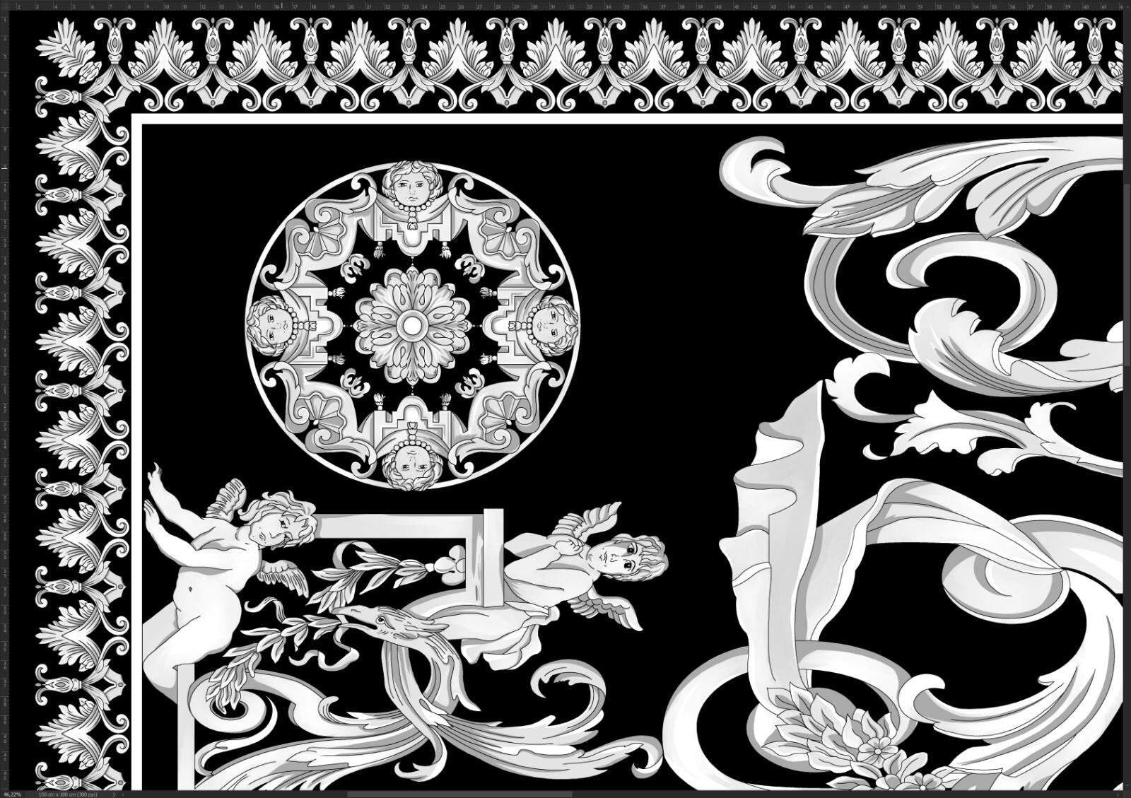 Elegant black and white Baroque fabric panel with intricate cherub and floral motif design