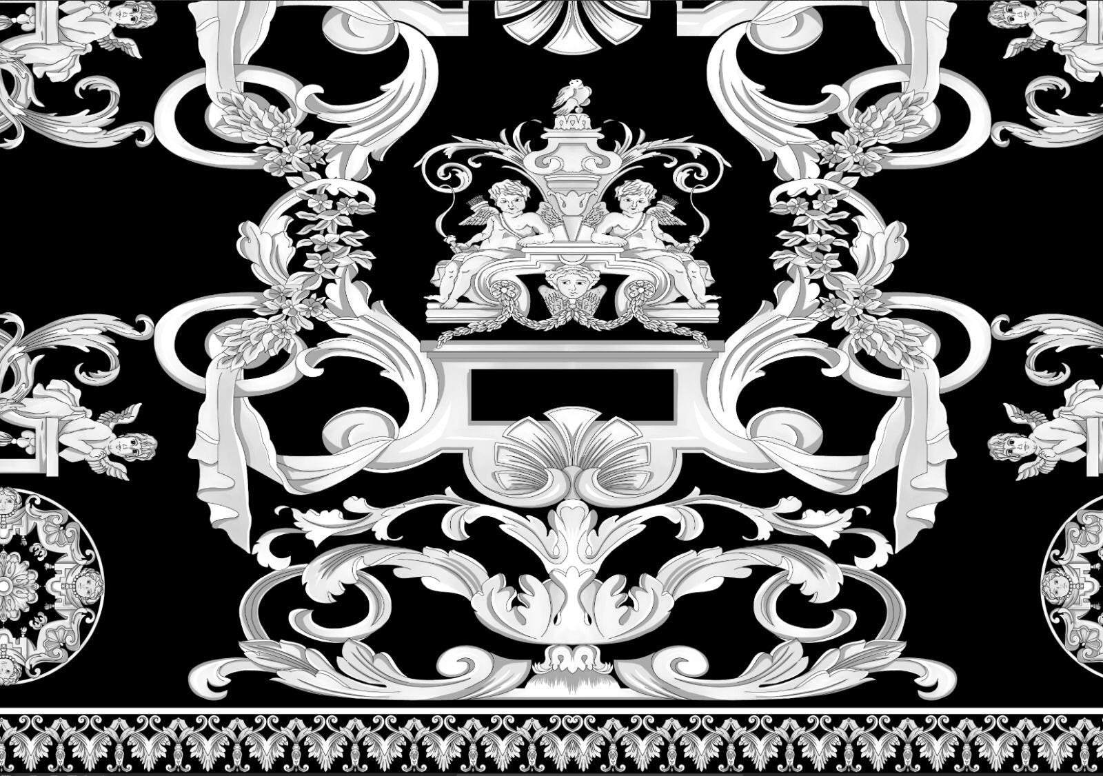 Elegant black and white Baroque fabric panel with intricate classic ornamental design for home decor and upholstery