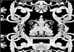 Elegant black and white Baroque fabric panel with intricate scrolls and cherub design