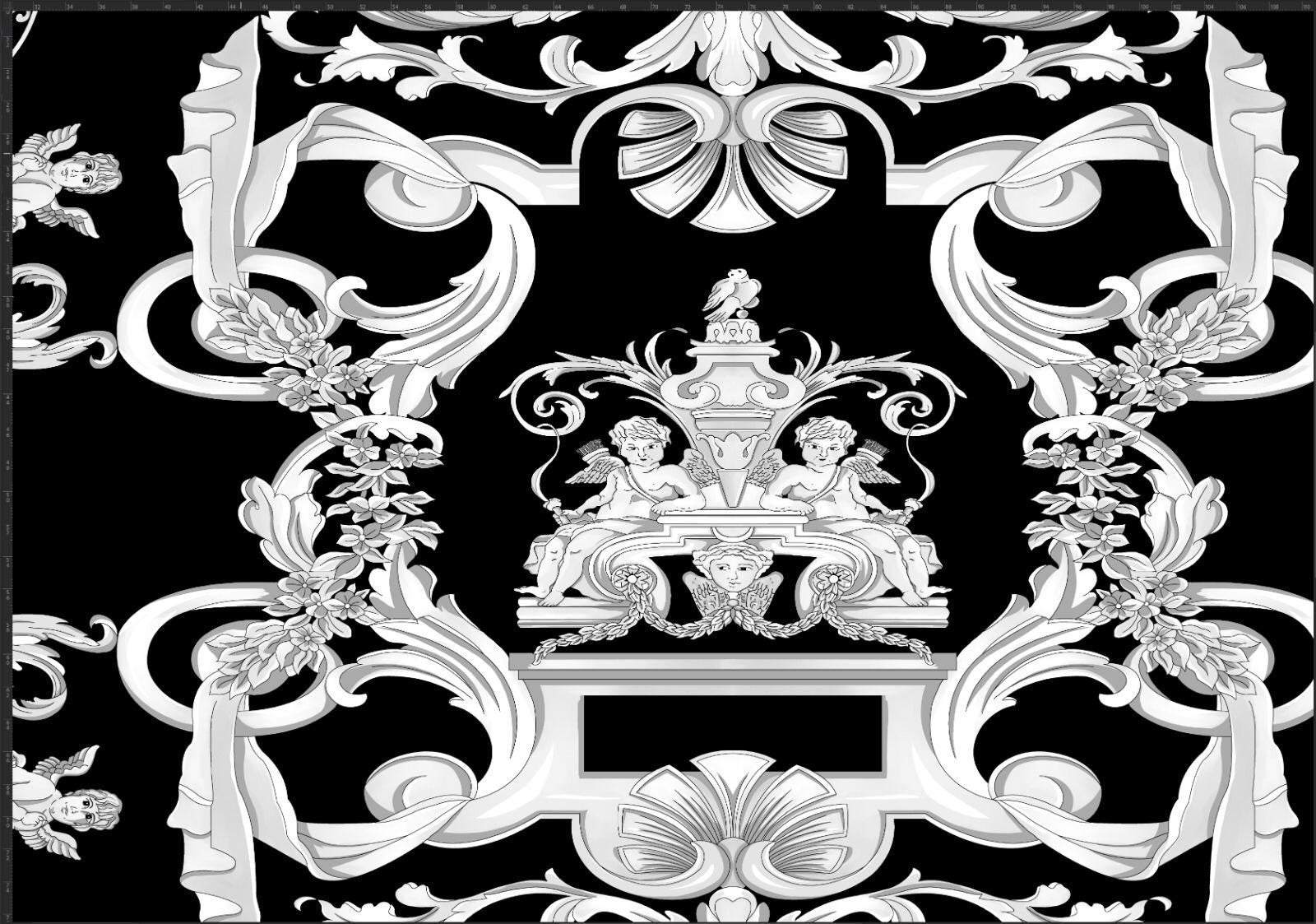 Elegant black and white Baroque fabric panel with intricate scrolls and cherub design