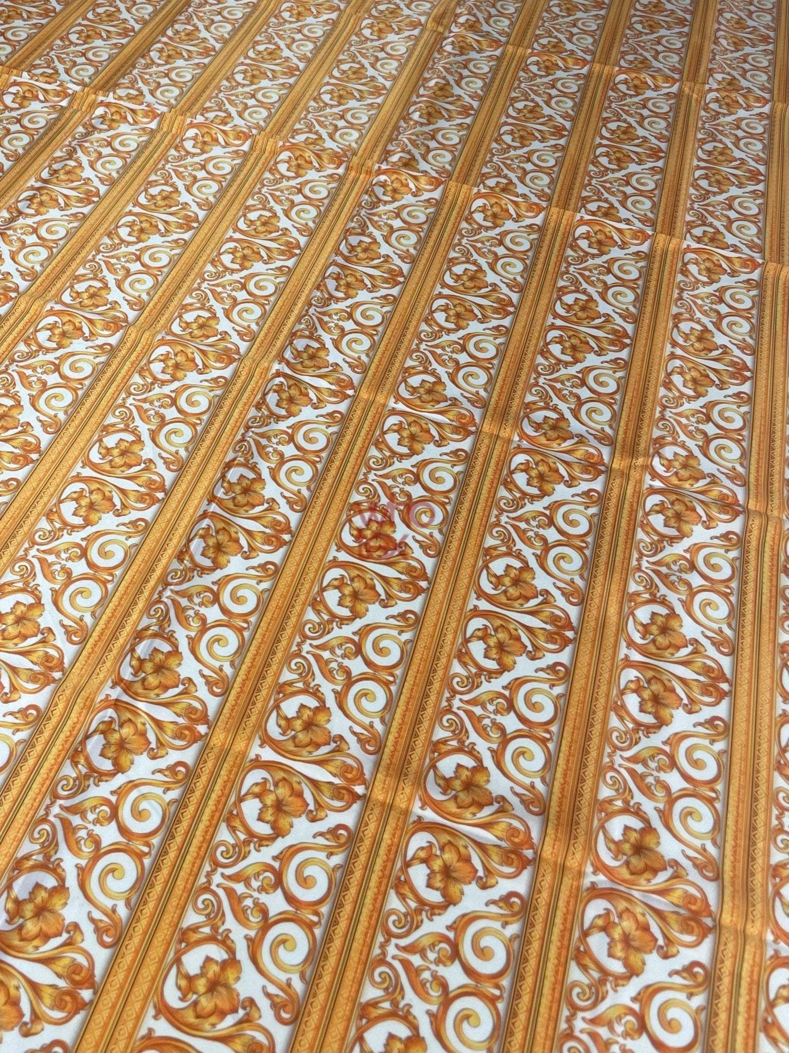 Elegant gold Baroque fabric with floral and scroll patterns in vertical stripes, 150cm wide