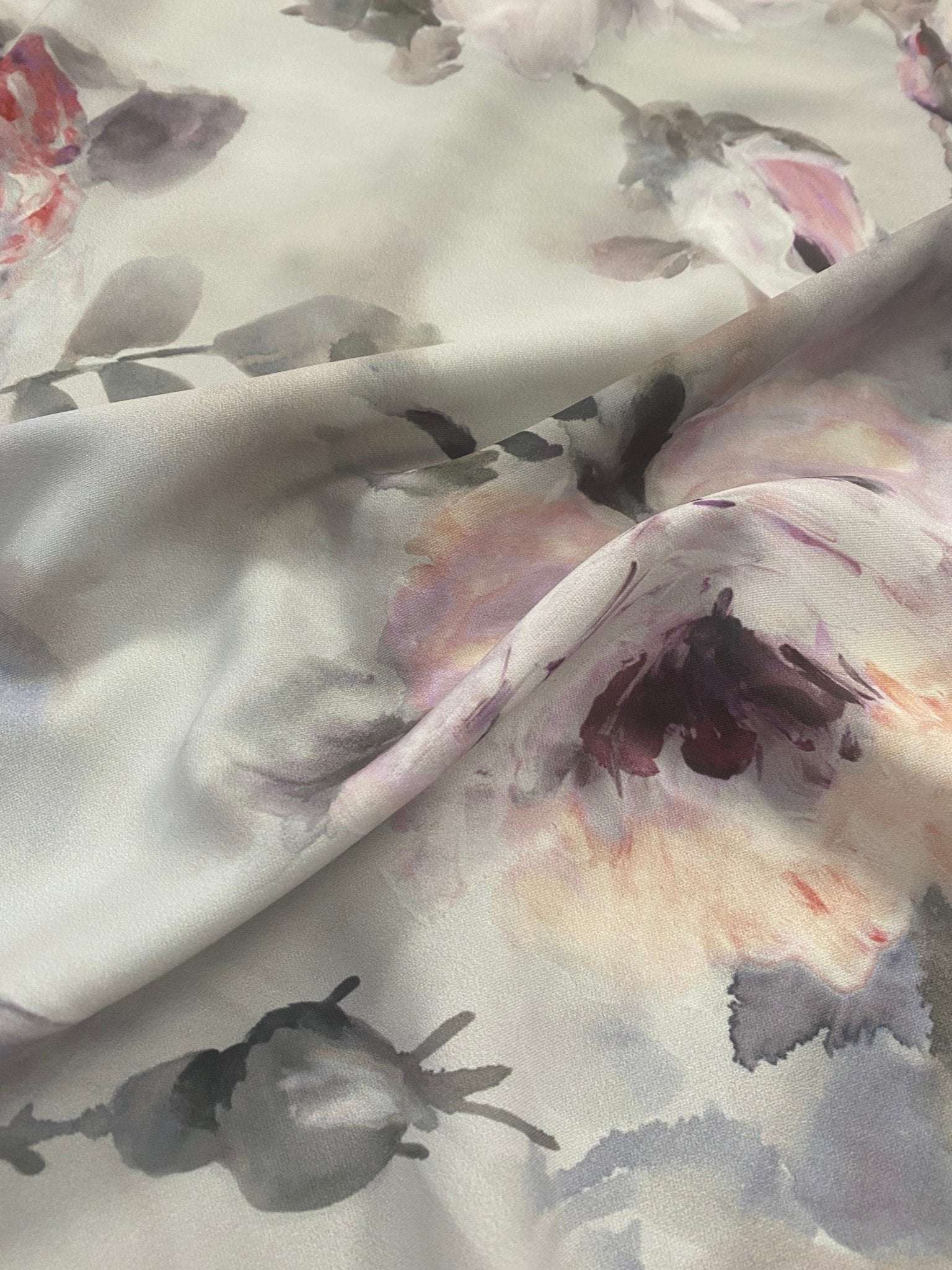 Soft rose and peony watercolor floral fabric on light background with delicate pastel tones
