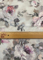 Soft rose and peony watercolor floral fabric print on light background with soft pastel colors and delicate leaves