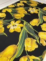 Elegant yellow tulip floral print fabric on black background with green leaves, fabric width 150cm