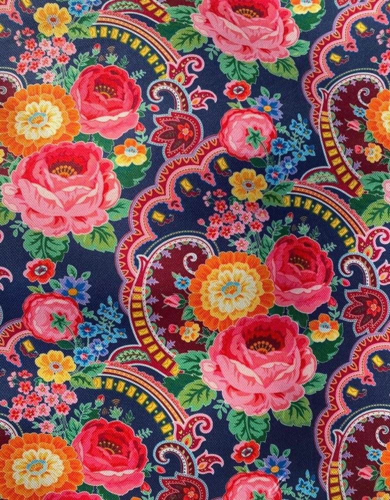 Ethnic patterned fabric with vibrant floral digital print on dark background for outdoor upholstery, curtains, pillows, and bags