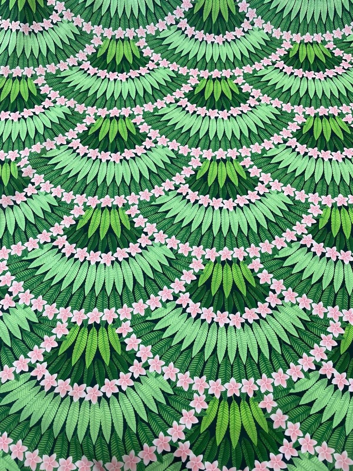 Floral leaf pattern crepe fabric with green leaves and pink flowers design