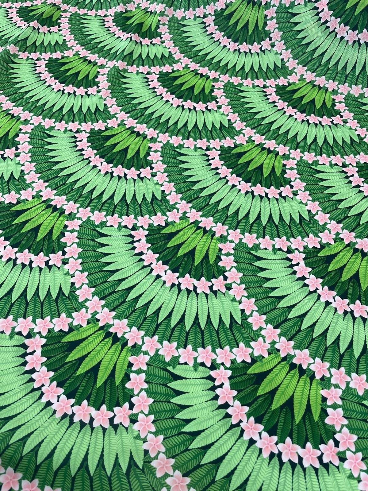 Floral leaf pattern crepe fabric with green leaves and pink flowers design
