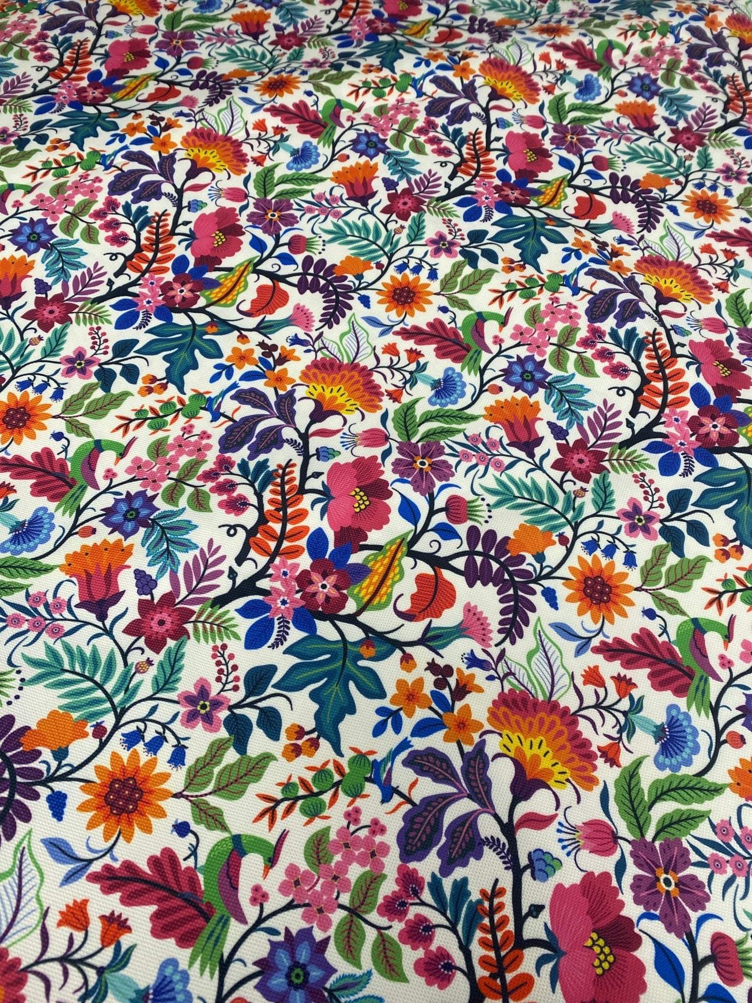 colorful flower design upholstery fabric with vibrant floral patterns on white background for elegant home décor