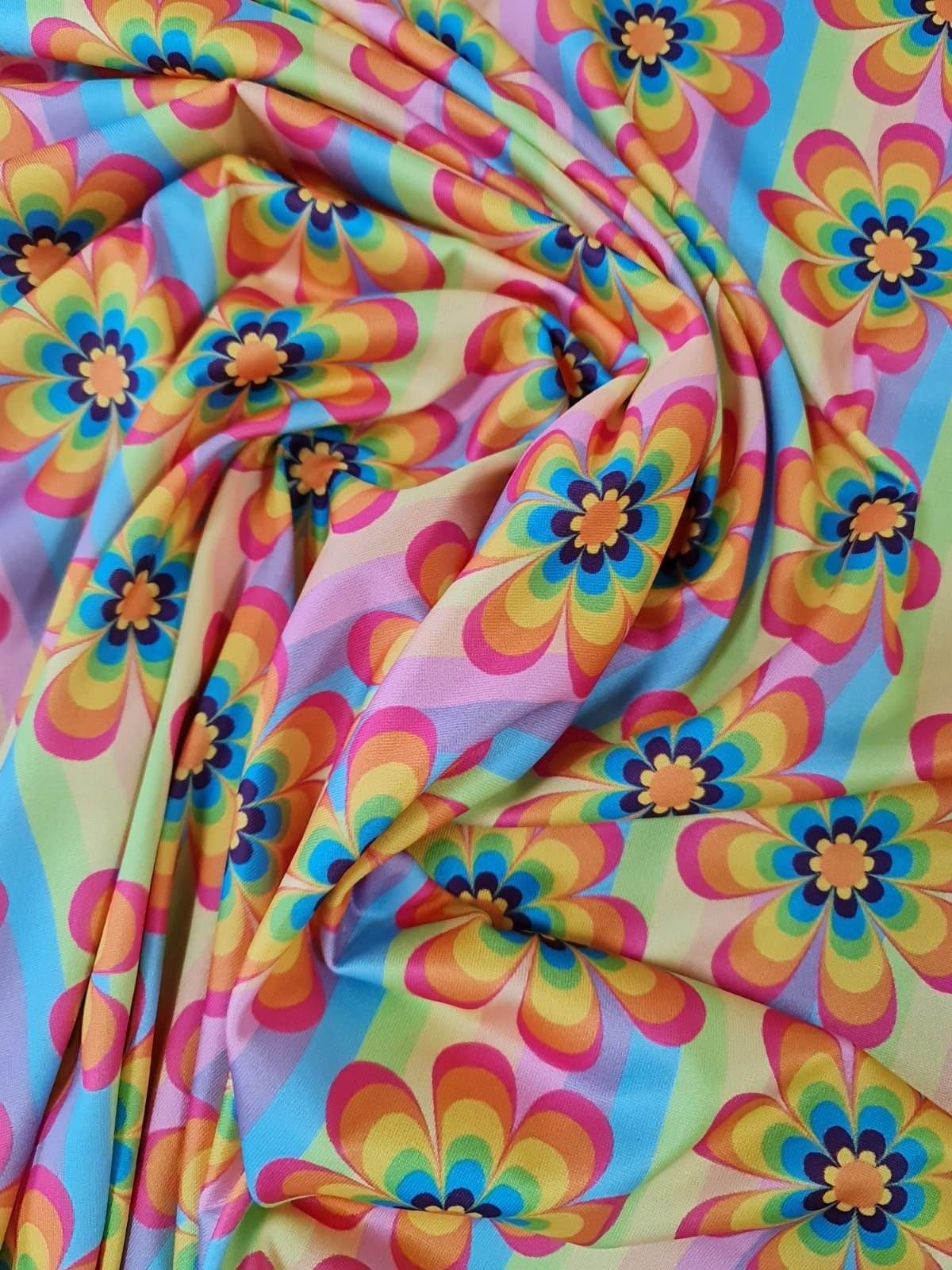 colorful rainbow floral fabric with vibrant flower pattern and 150cm width