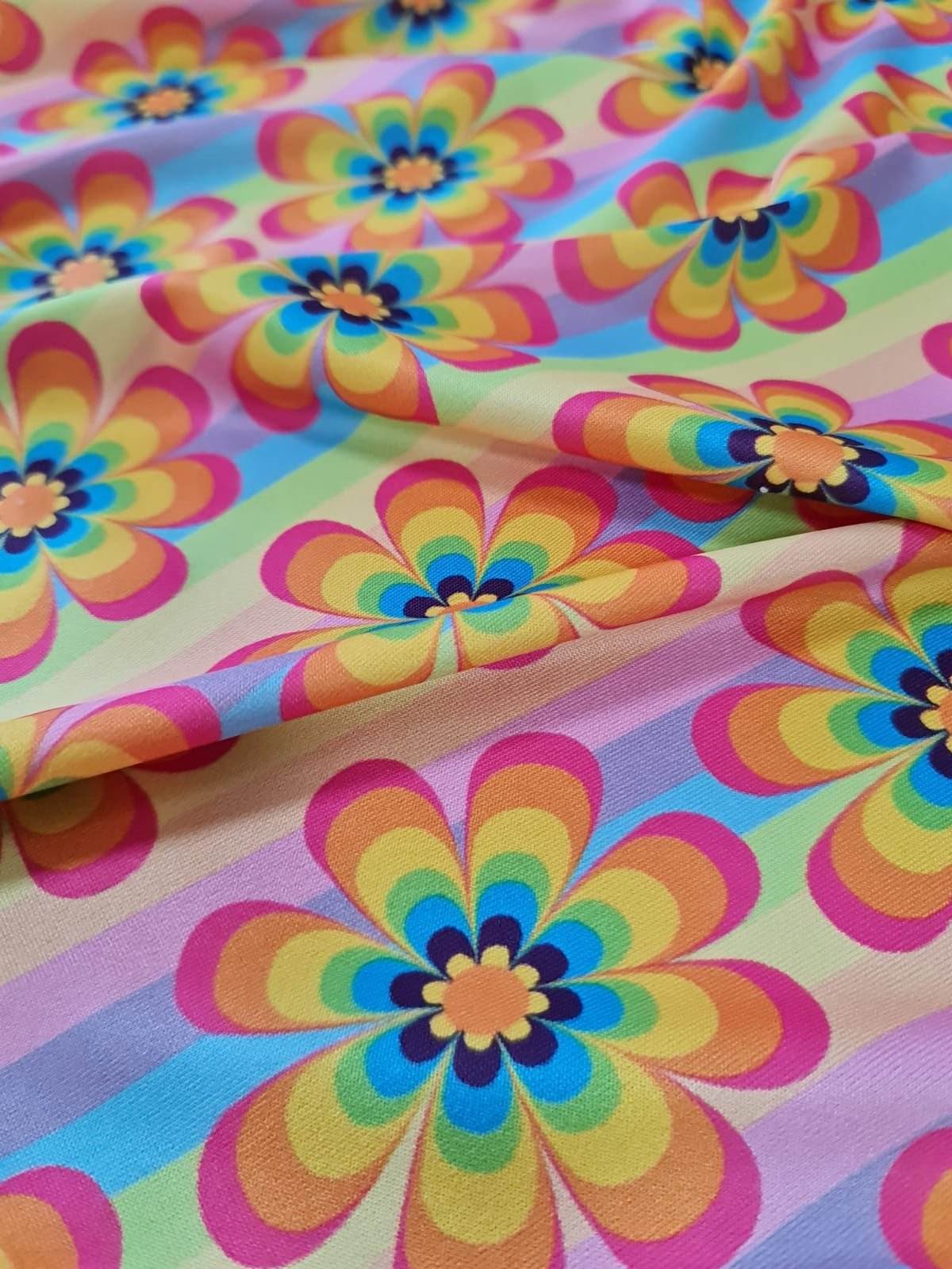colorful rainbow floral fabric with vibrant flower pattern and 150cm width for sewing projects
