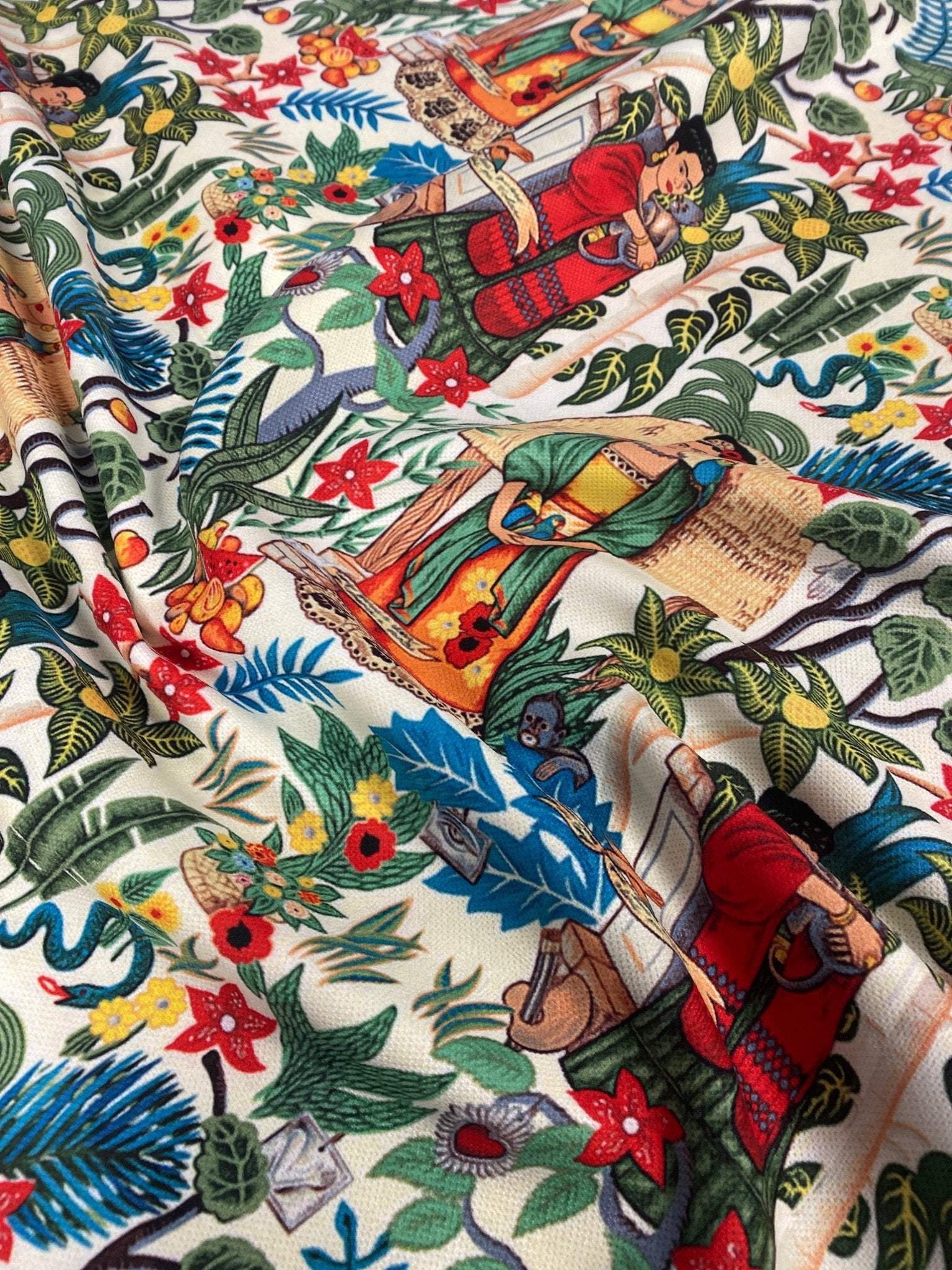 Frida Design Upholstery Fabric with colorful floral and artistic print on soft polyester material
