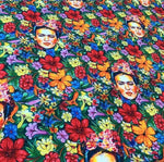Frida Flowers Outdoor Fabric with vibrant floral digital print and Frida Kahlo portraits for upholstery and outdoor decor