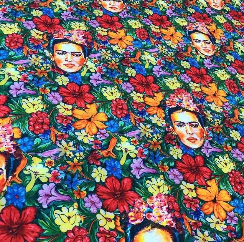 Frida Flowers Outdoor Fabric with vibrant floral digital print and Frida Kahlo portraits for upholstery and outdoor decor