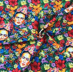 Colorful Frida Flowers Outdoor Fabric with vibrant floral and portrait print for upholstery and outdoor decor