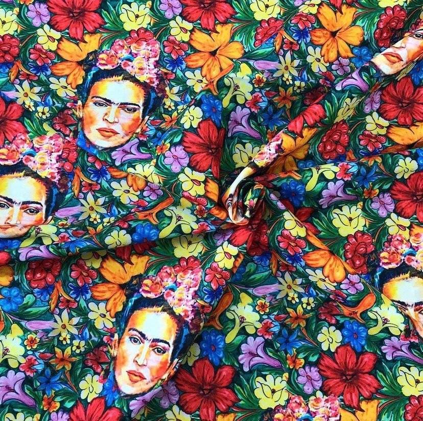 Colorful Frida Flowers Outdoor Fabric with vibrant floral and portrait print for upholstery and outdoor decor
