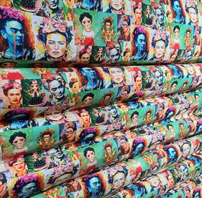 Colorful Frida Kahlo digital print upholstery fabric rolls with vibrant artistic portraits on 150cm wide material