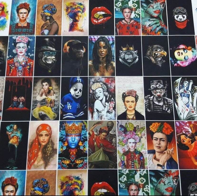 Frida Kahlo upholstery fabric with vibrant artistic prints featuring portraits and creative designs for home decor and sewing projects
