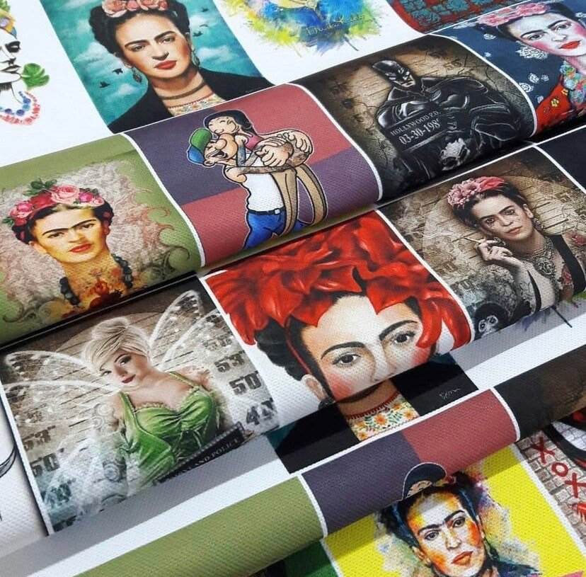 Frida Kahlo upholstery fabric with vibrant artistic prints featuring iconic portraits and creative designs for home decor and sewing projects