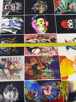 Frida Kahlo upholstery fabric with vibrant artistic prints and a measuring tape showing width.