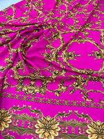 Fuchsia Baroque fabric with luxurious gold ornate pattern for upholstery and home decor projects