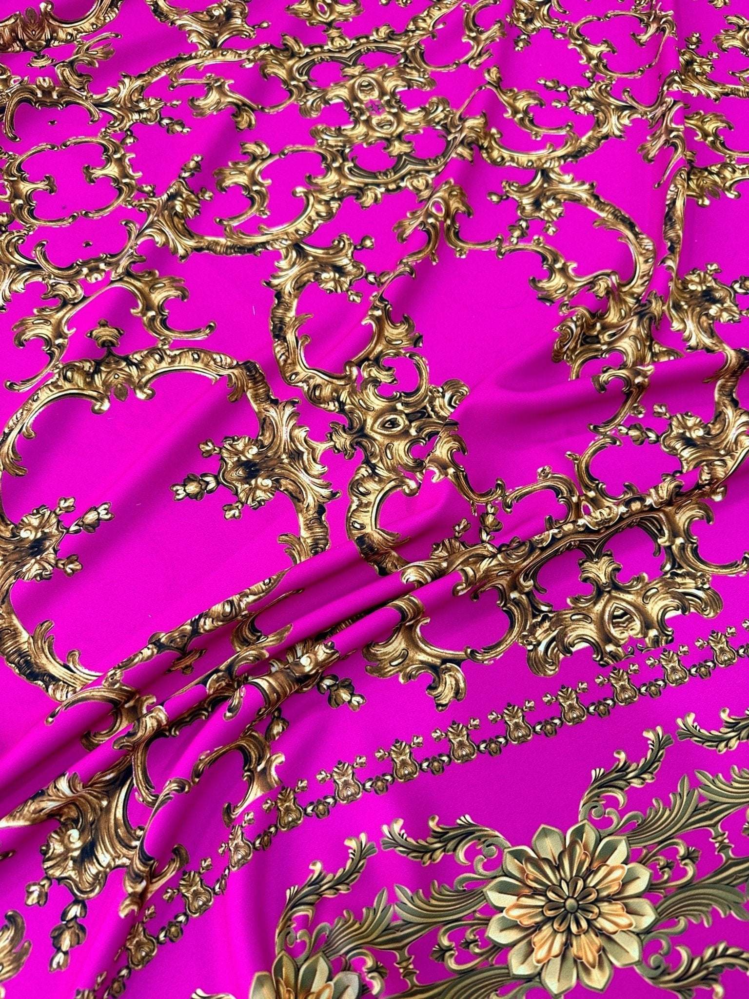 Fuchsia Baroque Fabric with ornate gold baroque pattern on bright pink background, 150cm wide upholstery material