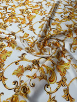 Gold Baroque Print Satin Fabric by the Metre - Whotex Fabrics London