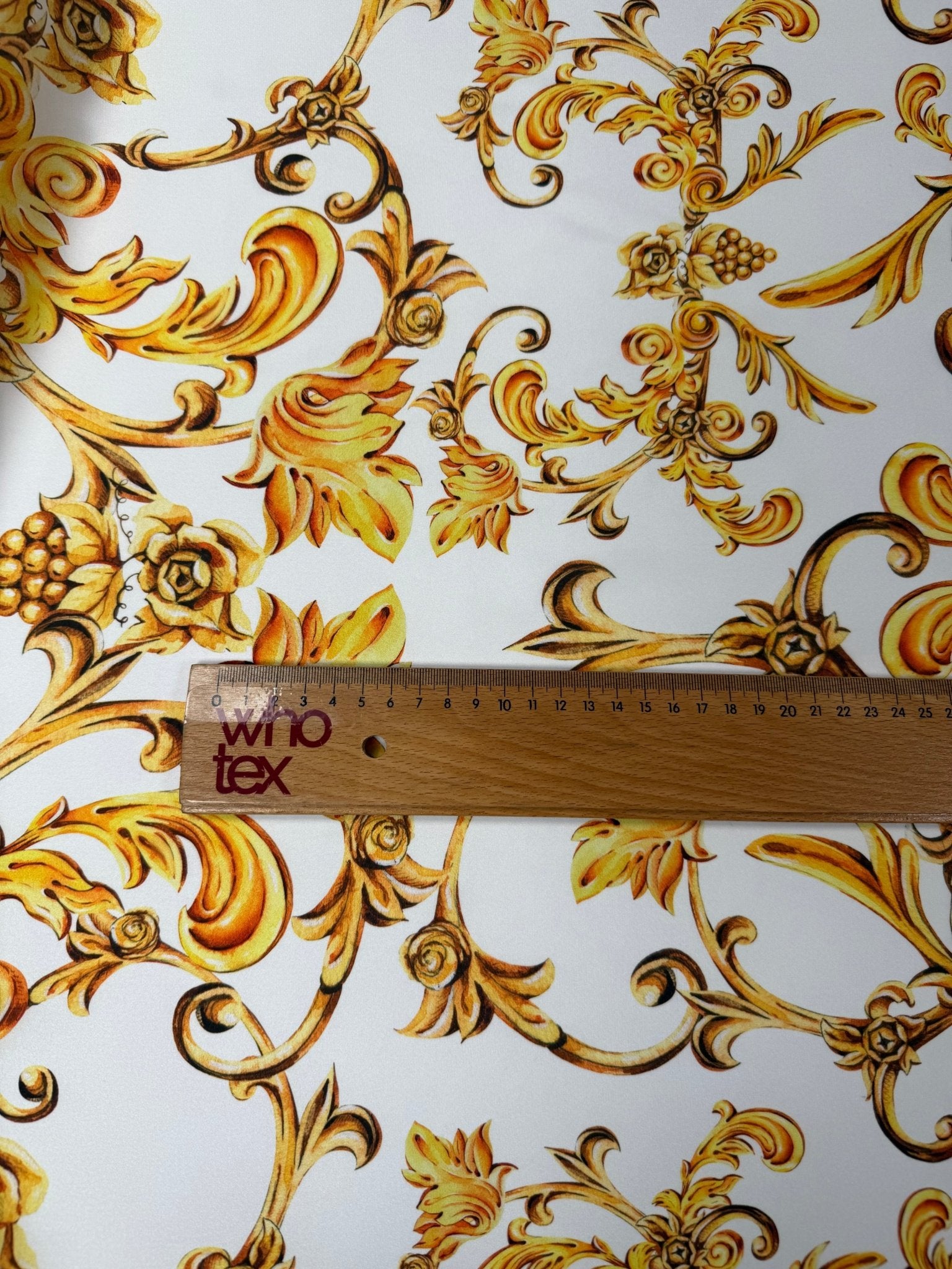 Gold Baroque Print Satin Fabric by the Metre - Whotex Fabrics London