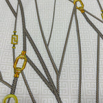 Greek Key Pattern Fabric in white with navy and gray ropes and gold accents, 150cm wide upholstery material