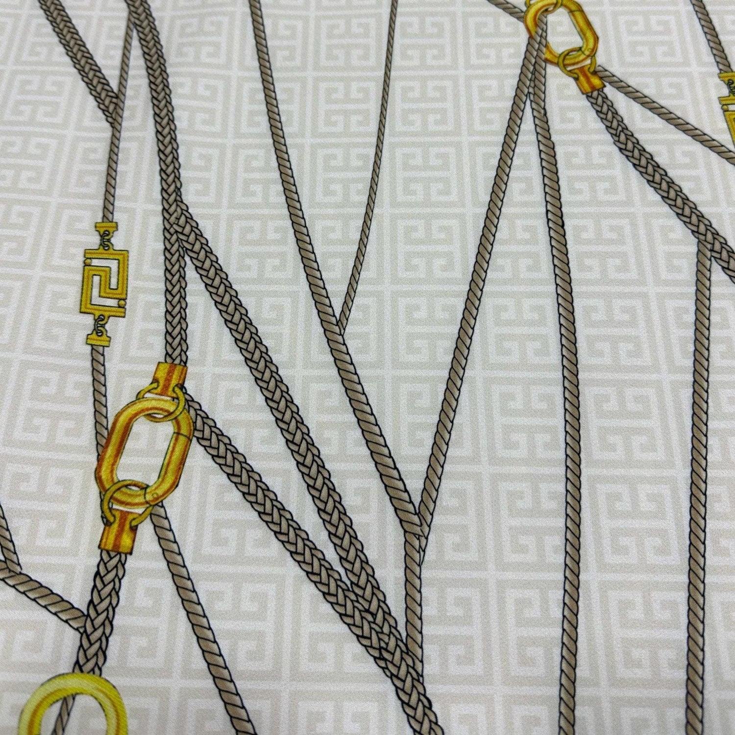 Greek Key Pattern Fabric in white with navy and gray ropes and gold accents, 150cm wide upholstery material