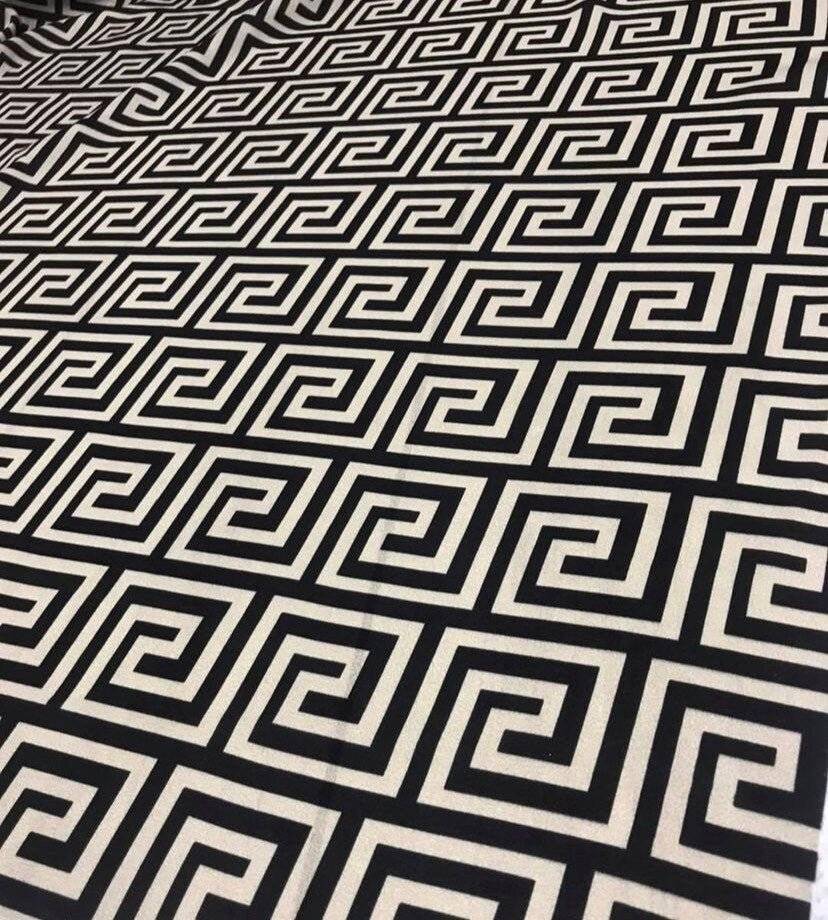 Black and white Greek Key Design Fabric with geometric pattern, 150cm wide, suitable for upholstery and crafts