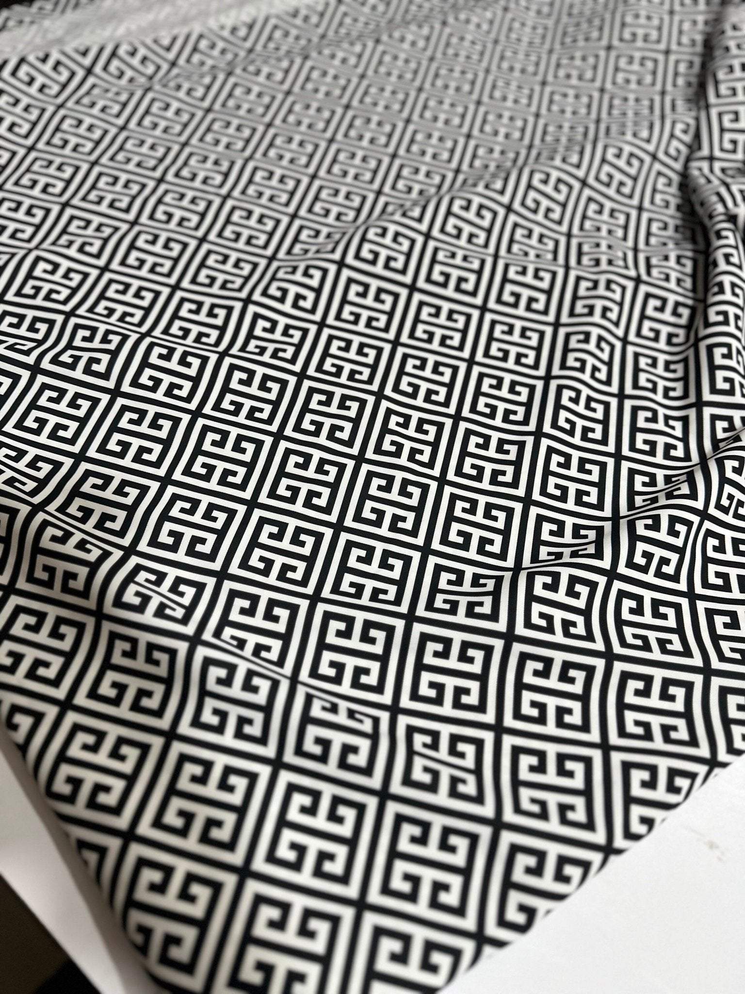 Greek Key Pattern Fabric with black and white geometric design for upholstery and drapery projects