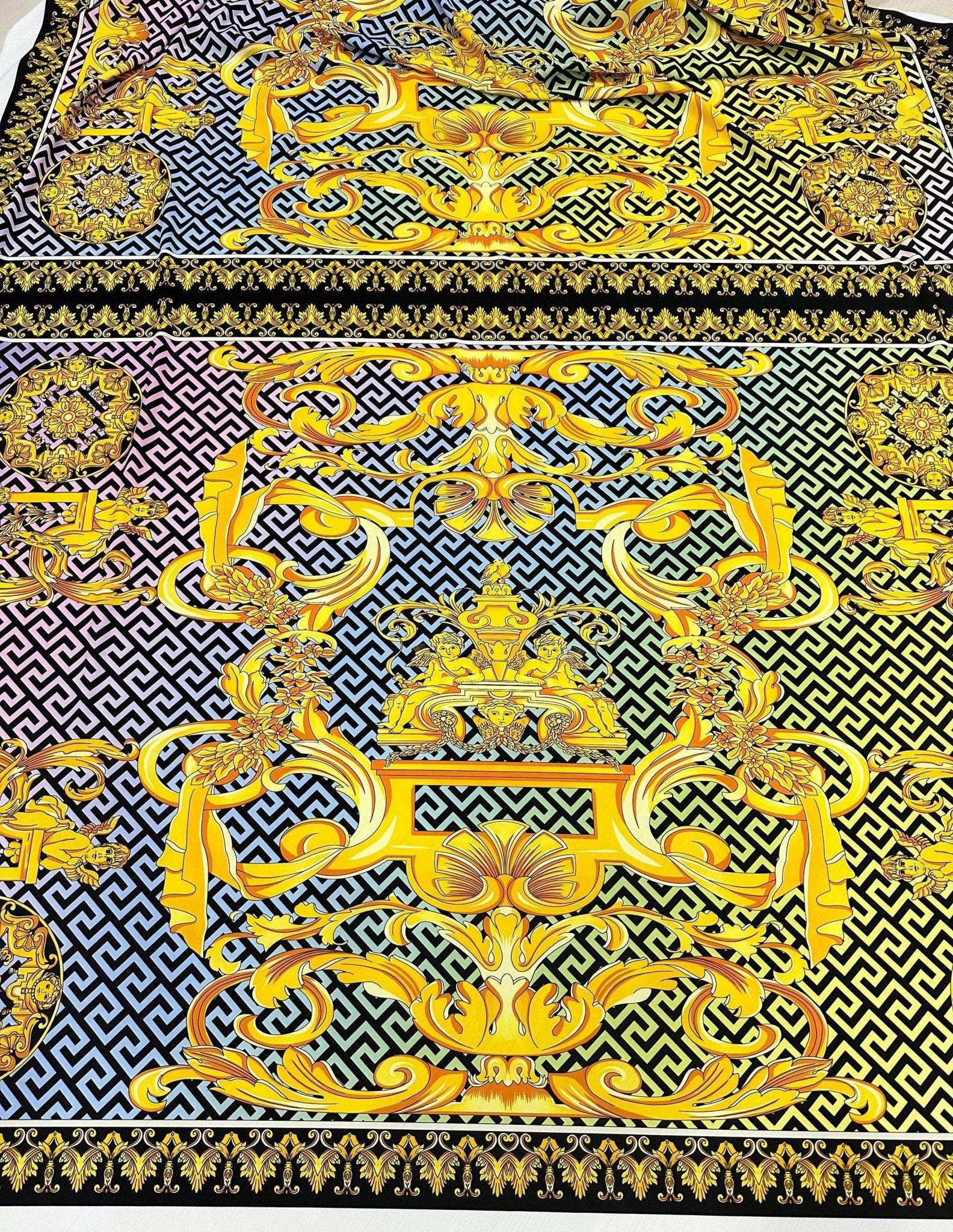 Gold Baroque Greek Key Pattern Fabric in silky crepe with intricate gold and black design, 150x100cm panel