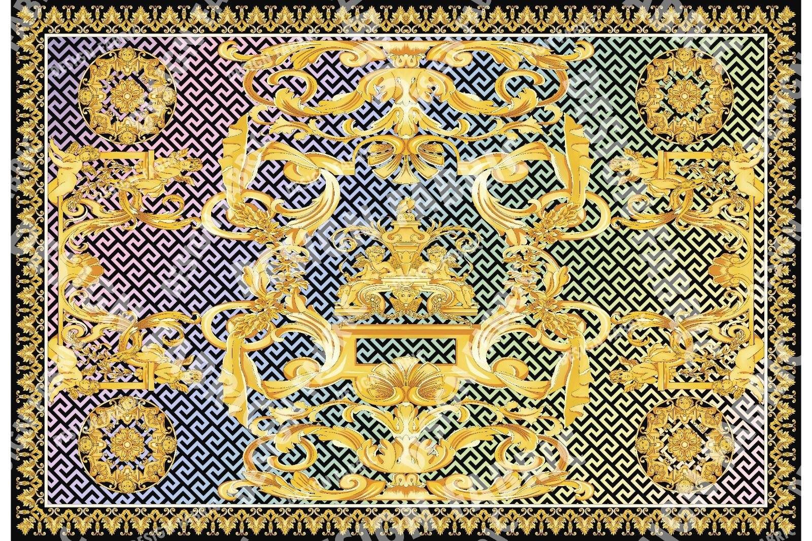 Gold Baroque Greek key pattern silky crepe fabric panel measuring 150x100cm with elegant ornate design