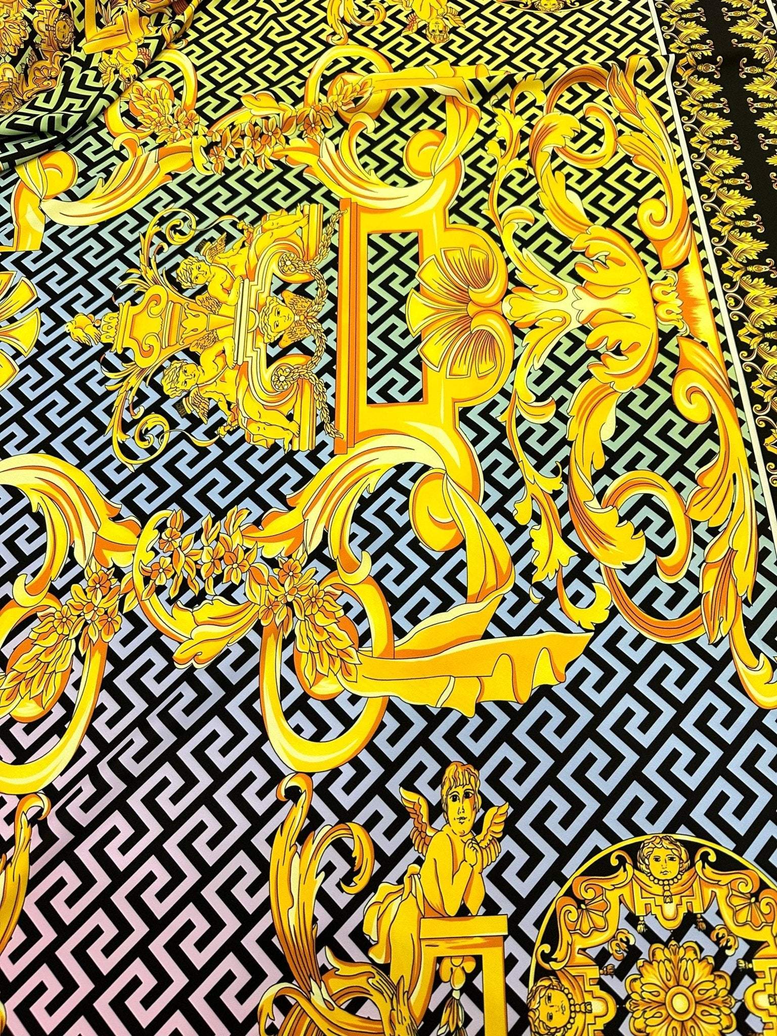 Gold Baroque Greek key pattern fabric panel in silky crepe measuring 150x100cm with intricate gold and black ornate design