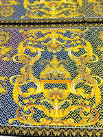 Gold Baroque Greek Key Pattern Fabric in silky crepe with intricate gold Baroque and Greek key design on a black background