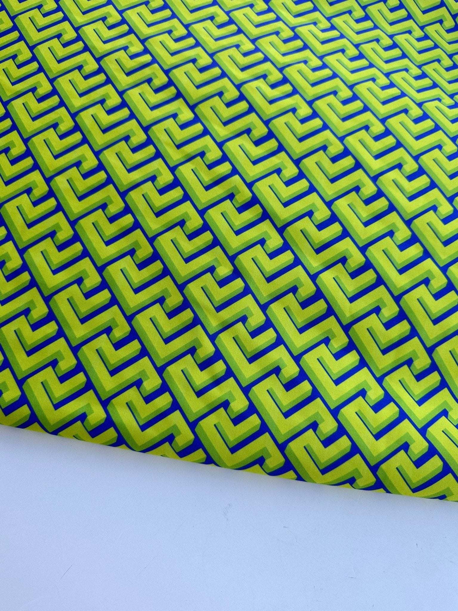 Greek Key Neon Green geometric fabric with bold modern pattern for upholstery and decor applications