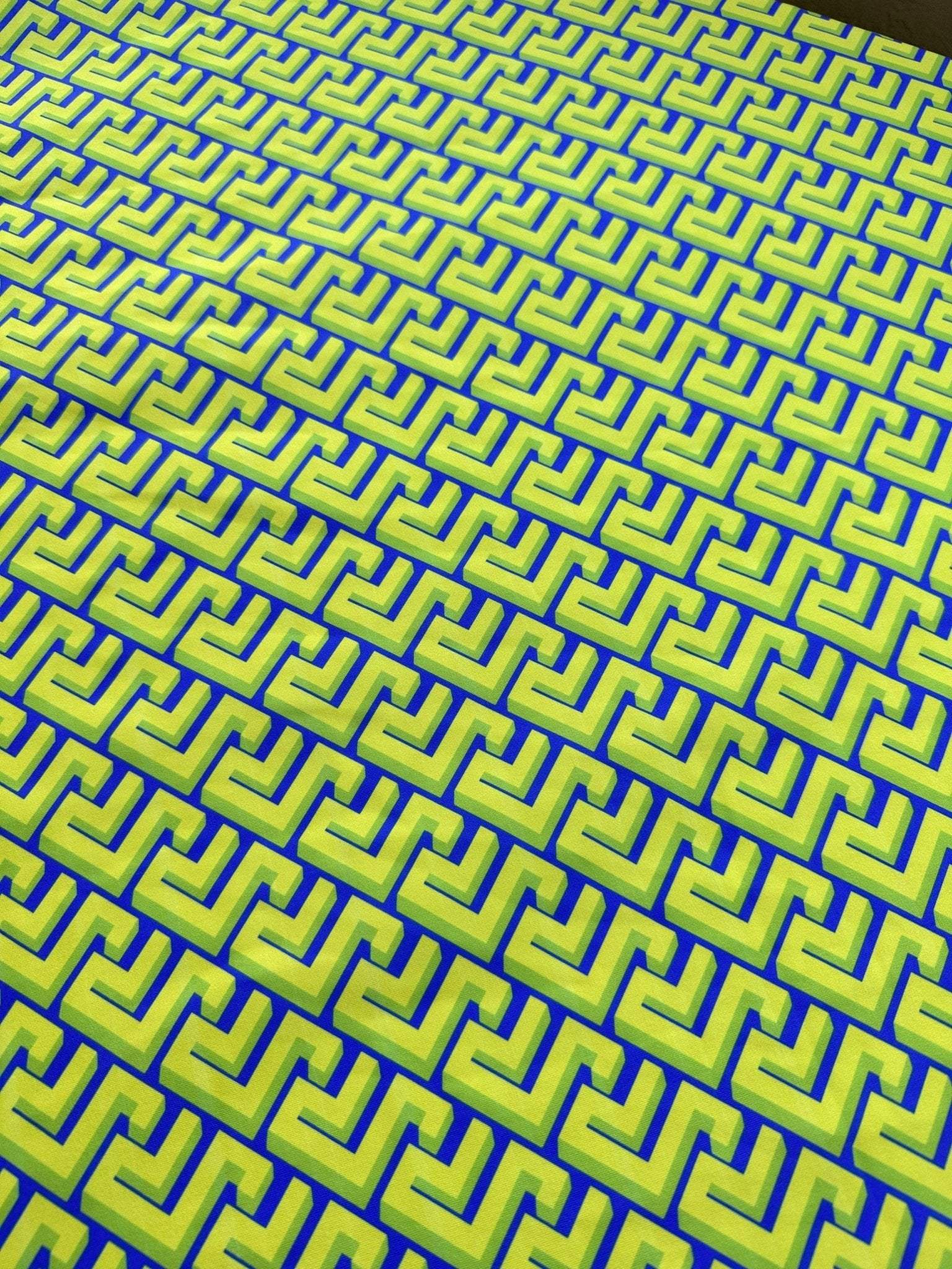 Greek Key Neon Green geometric fabric with bold modern pattern for upholstery and decor