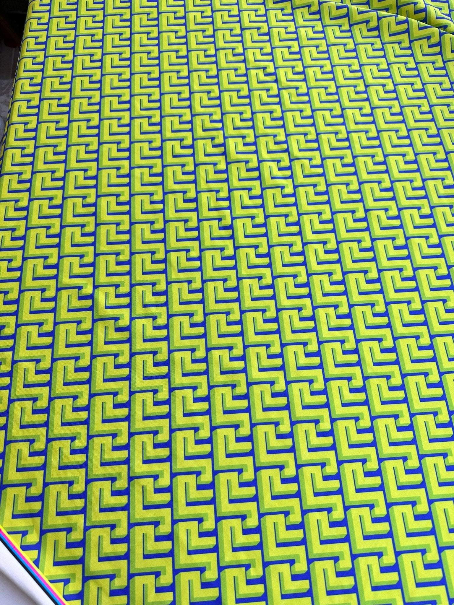 Greek Key Neon Green geometric fabric with vibrant pattern for modern upholstery and decor projects