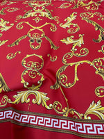 Greek Key Red Fabric with gold Baroque pattern and Greek key border on vibrant red background