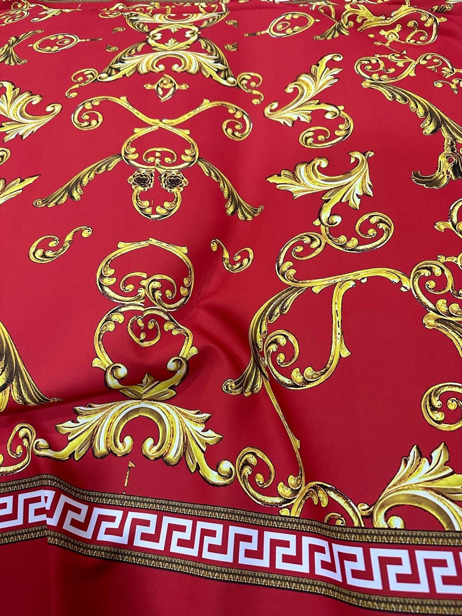Greek Key Red Fabric with gold Baroque pattern and Greek key border on vibrant red background