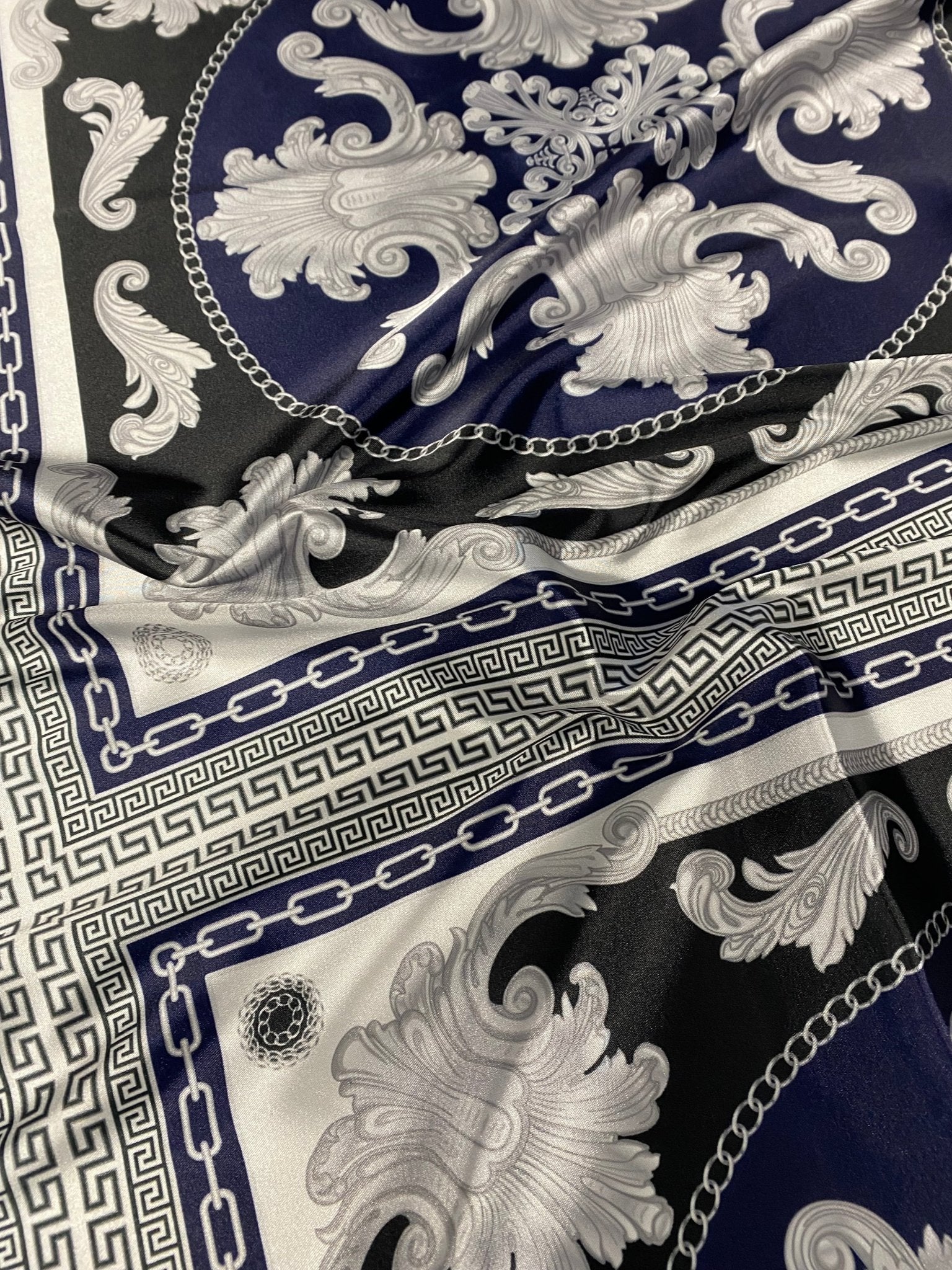 Greek Key Pattern with Navy Blue Baroque Fabric – Available in Satin, Crepe, Spandex & Chiffon | By Metre - Whotex Fabrics London