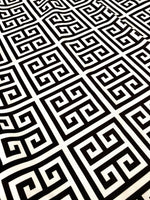 Black and white Greek Key print upholstery fabric with geometric pattern and 150cm width