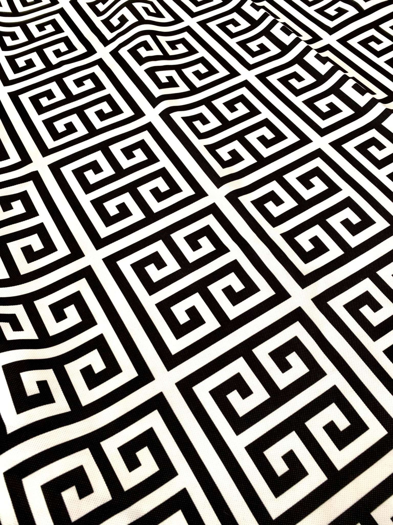 Black and white Greek Key print upholstery fabric with geometric pattern and 150cm width