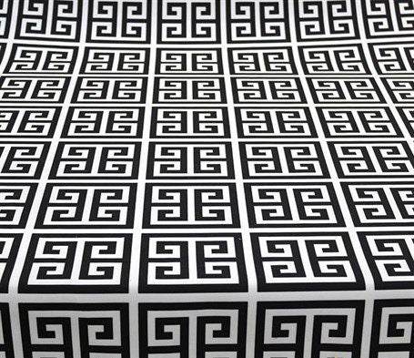 Black and white Greek key print upholstery fabric with 150cm width, ideal for home decor and furniture projects