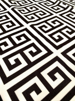Black and white Greek key print upholstery fabric with 150cm width, featuring a classic geometric pattern.
