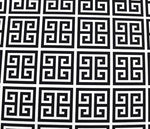 Black and white Greek key print upholstery fabric with square geometric pattern