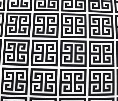 Black and white Greek key print upholstery fabric with square geometric pattern