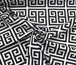 Black and white Greek key print upholstery fabric with durable weave and 150cm width for home decor projects